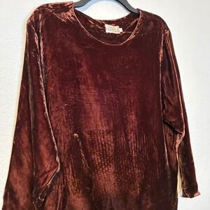 Linda Bertozzi Crushed Velvet Long Sleeve Top XL Vintage Women USA Brown Rayon
